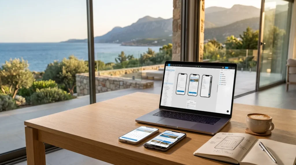 MacBook with mobile app wireframes and a feature list, next to an iPhone and an Android phone running the same booking app, in a villa overlooking the sea in North Cyprus