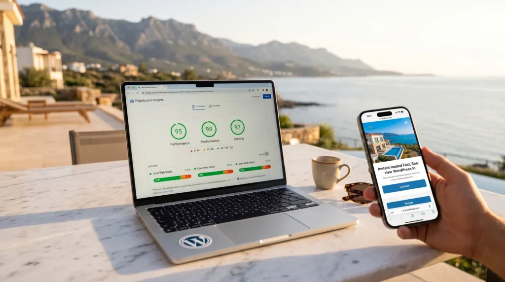 MacBook with a WordPress sticker showing Google PageSpeed Insights scores and Core Web Vitals bars, next to an iPhone with a fast sea-view villa website, on a marble terrace table overlooking the Kyrenia mountains and coast in North Cyprus