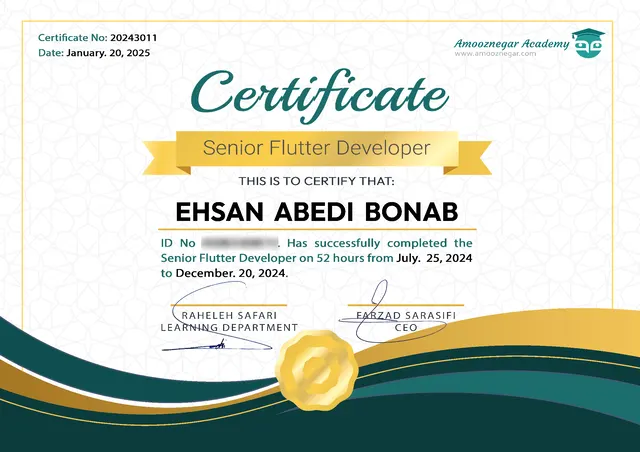 Senior Flutter Developer certificate – Amooznegar Academy (formerly Android Iran)