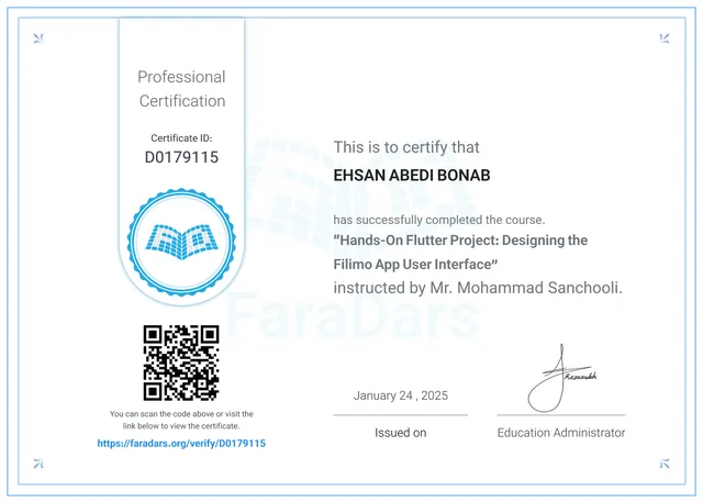 Hands-On Flutter Project: Filimo App UI certificate – FaraDars · Instructor: Mohammad Sanchooli