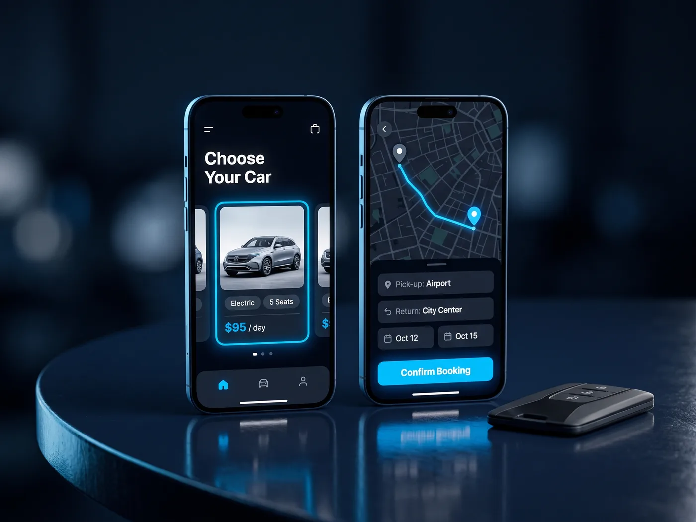 Car Rental App concept — app screens on two smartphones