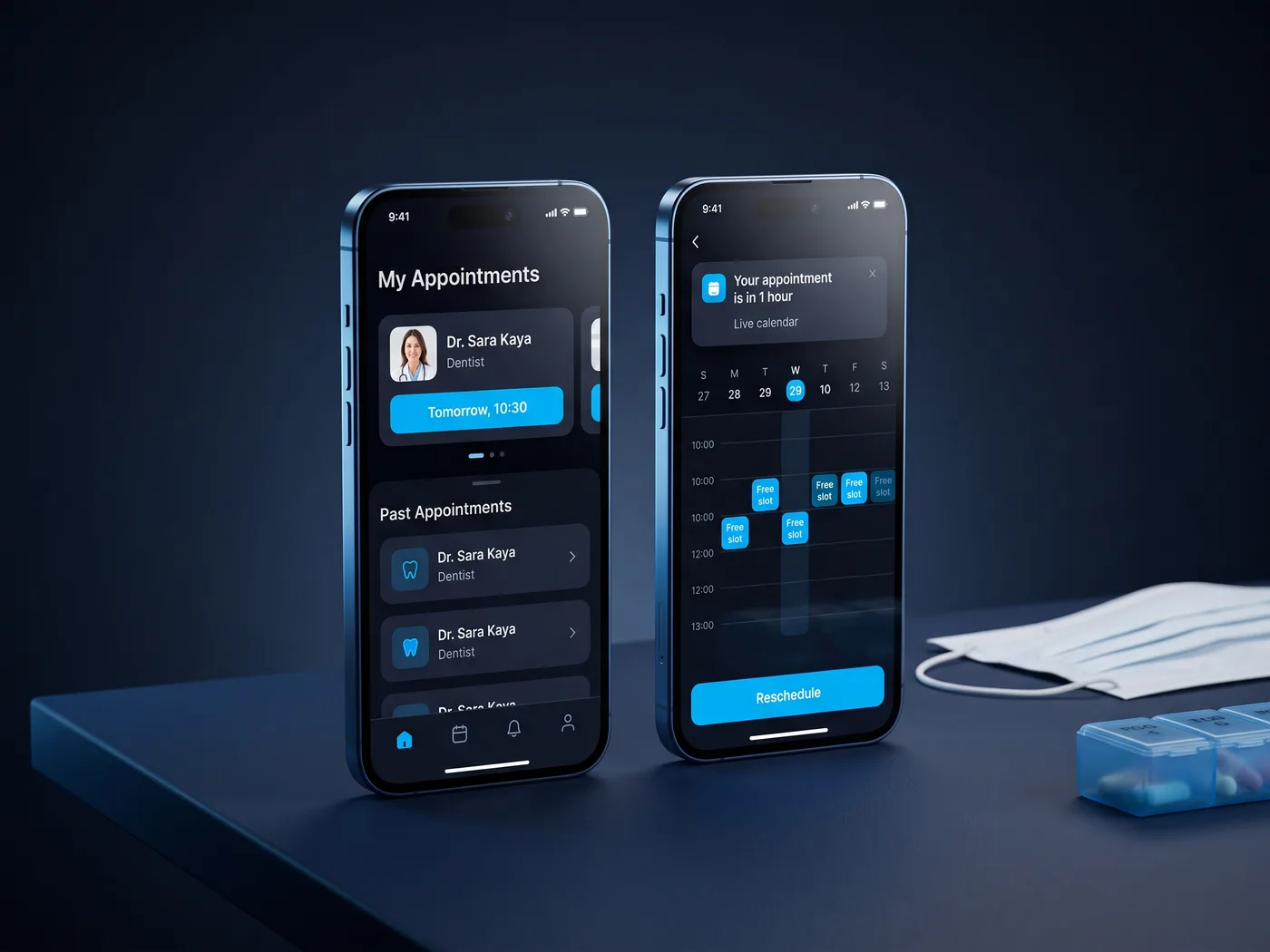 Clinic Appointment App concept — app screens on two smartphones