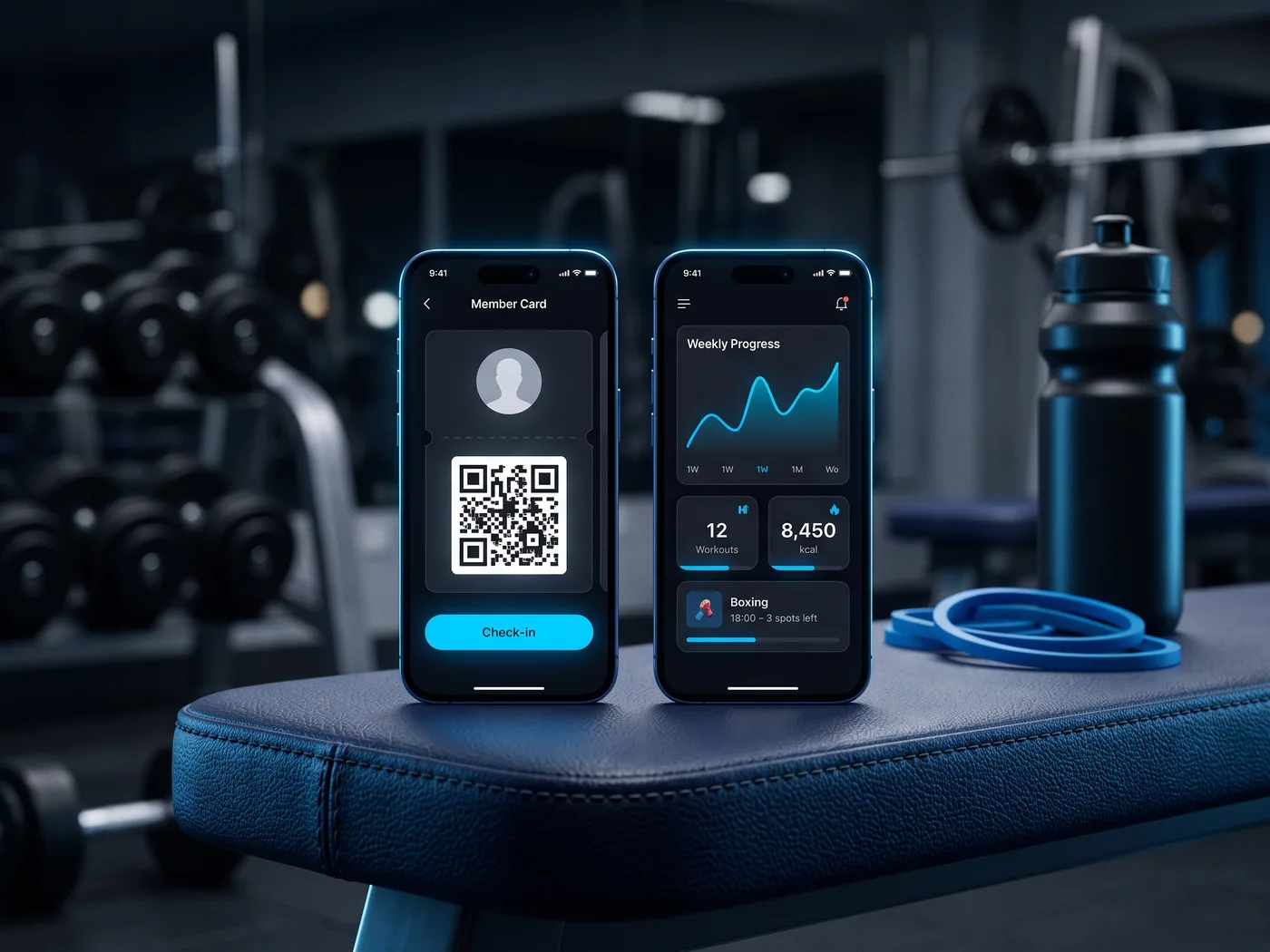 Fitness & Gym App concept — app screens on two smartphones