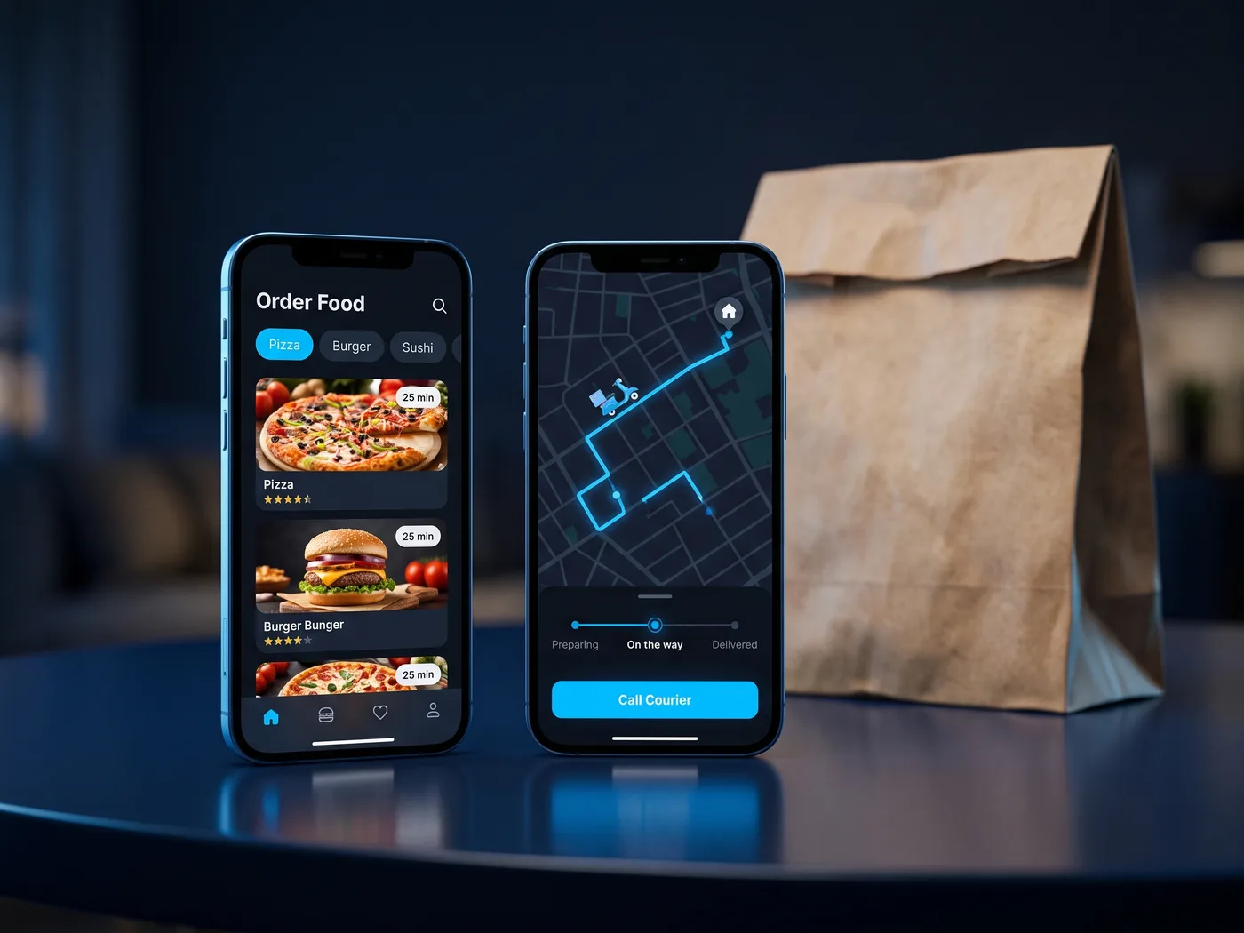 Food Delivery App concept — app screens on two smartphones