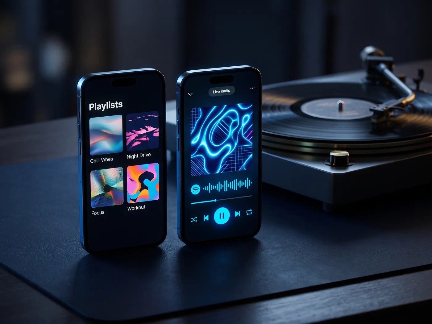 Music & Radio App concept — app screens on two smartphones