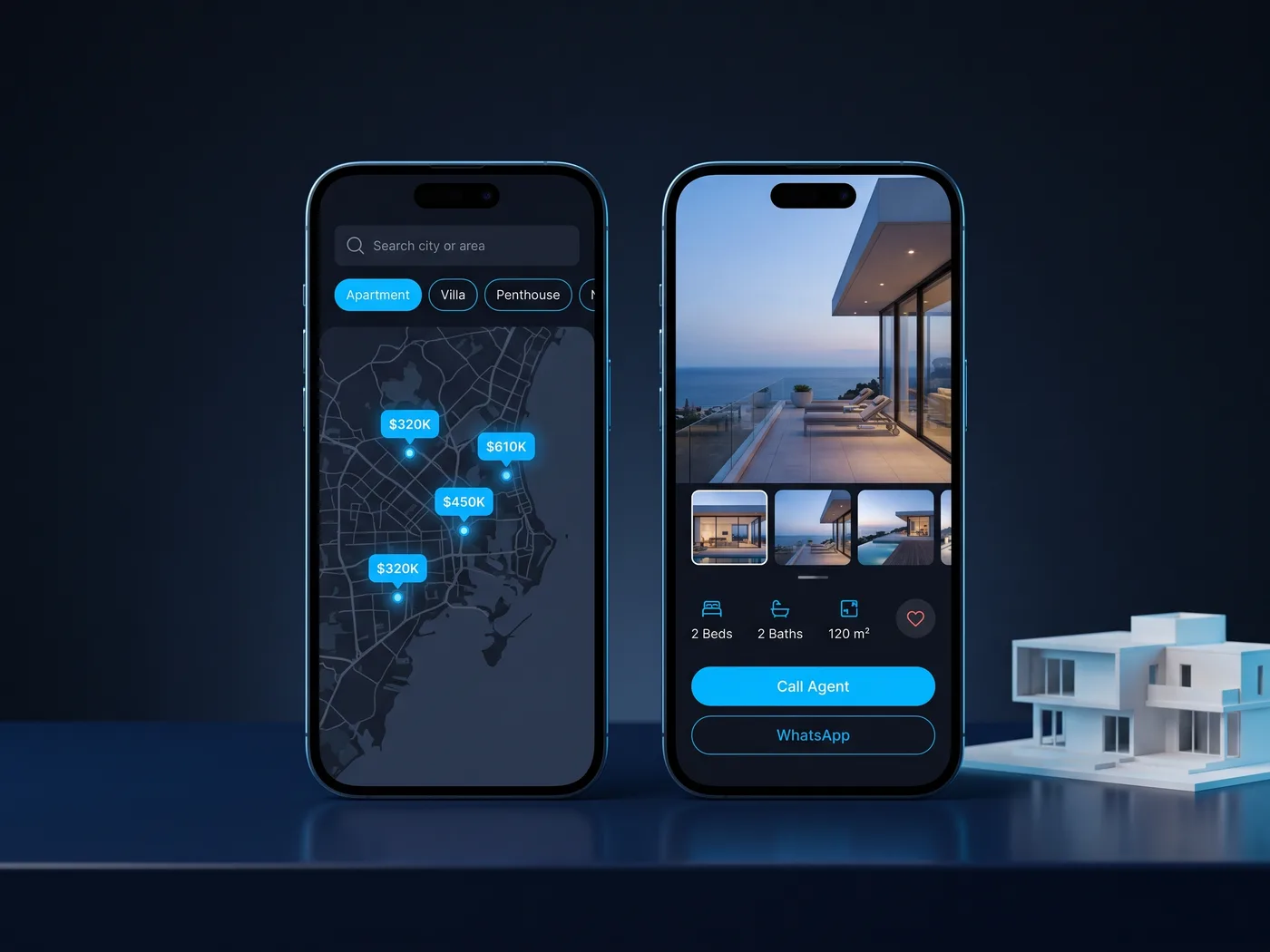 Real Estate App concept — app screens on two smartphones