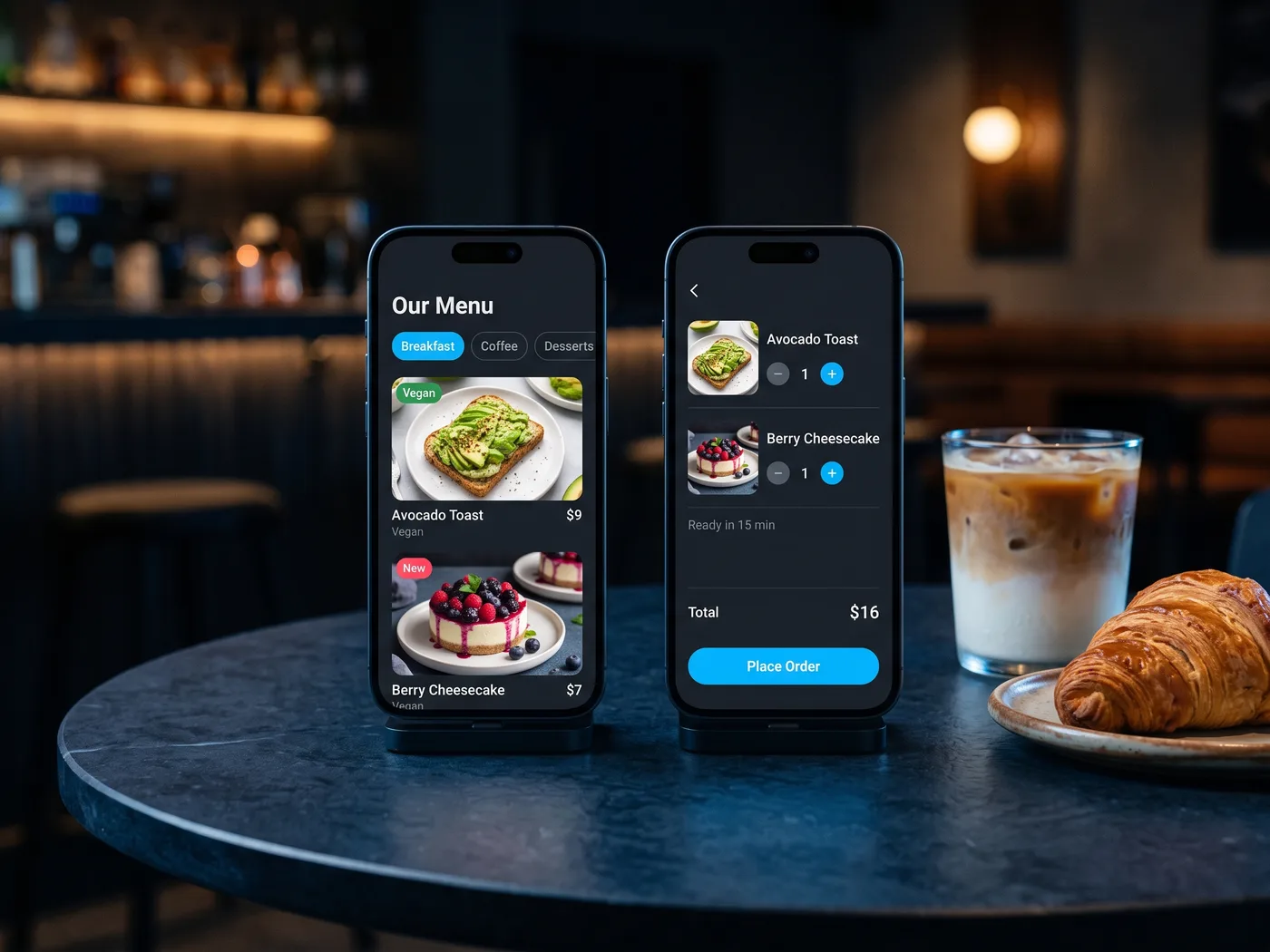 Restaurant & Café App concept — app screens on two smartphones