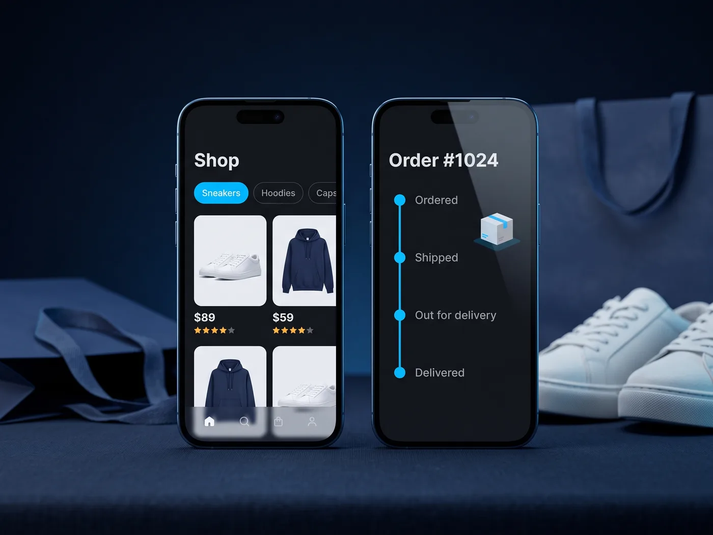 Online Shopping App concept — app screens on two smartphones