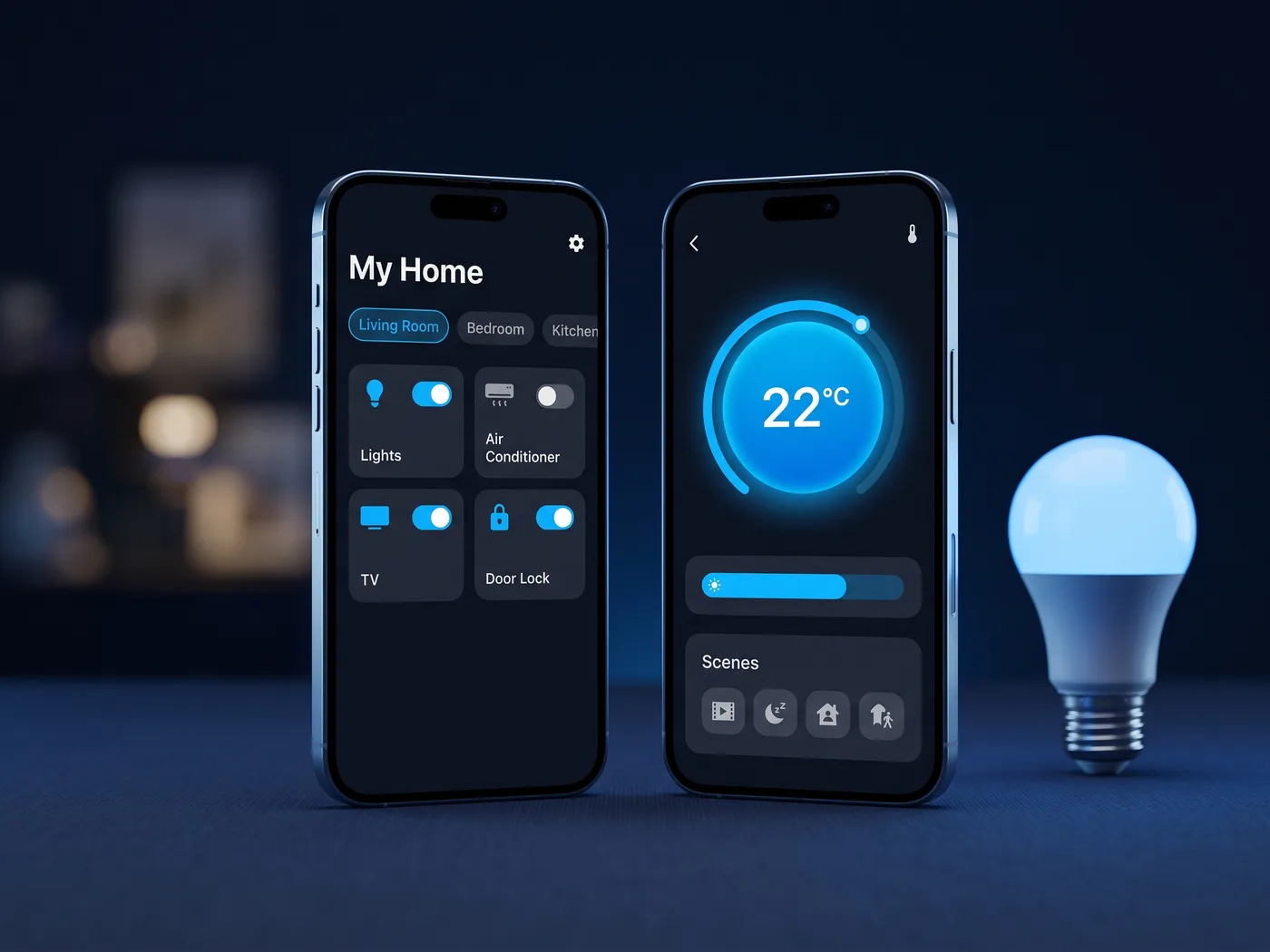 Smart Home App concept — app screens on two smartphones
