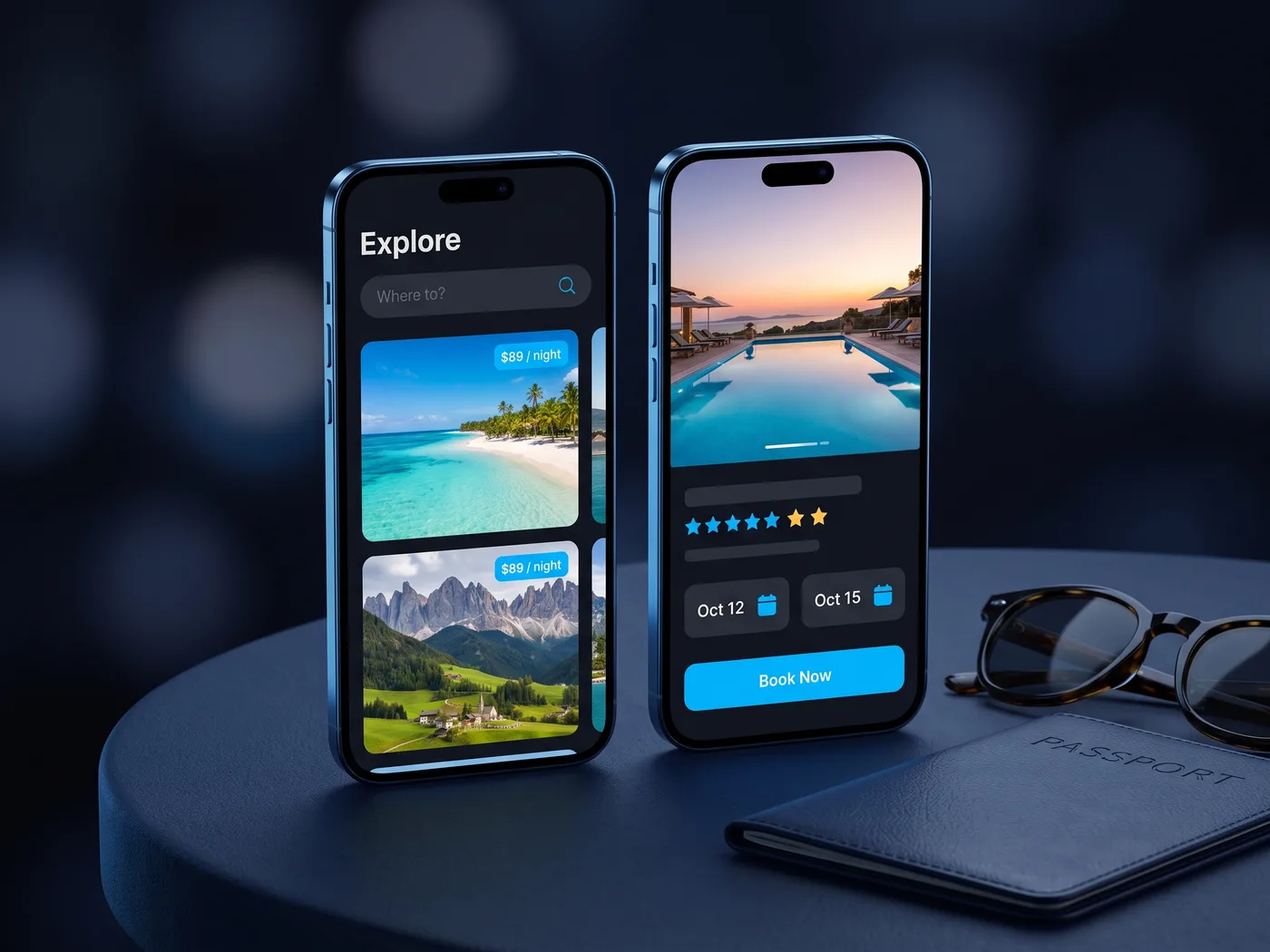 Travel & Hotel Booking App concept — app screens on two smartphones