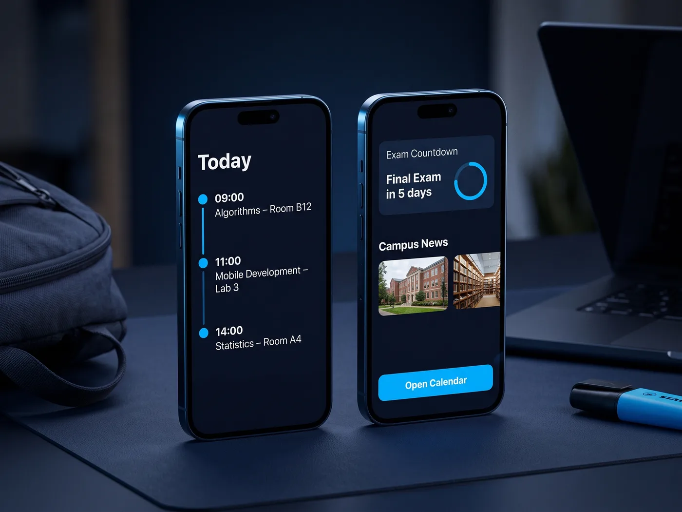 University Student App concept — app screens on two smartphones