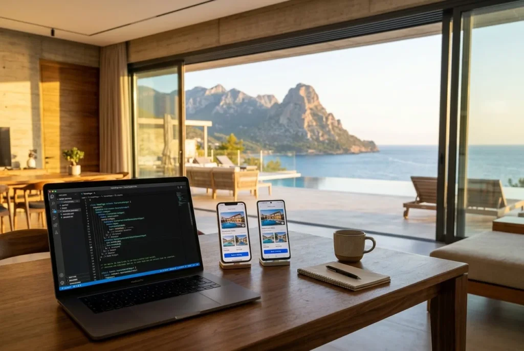 MacBook with Flutter code in VS Code next to an iPhone and an Android phone running the same real estate app, in a luxury villa overlooking the sea in North Cyprus