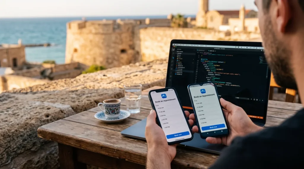 Hands holding an iPhone and an Android phone running the same Flutter booking app, next to a laptop with Flutter code in VS Code, on a café terrace by the old city walls of Famagusta, North Cyprus