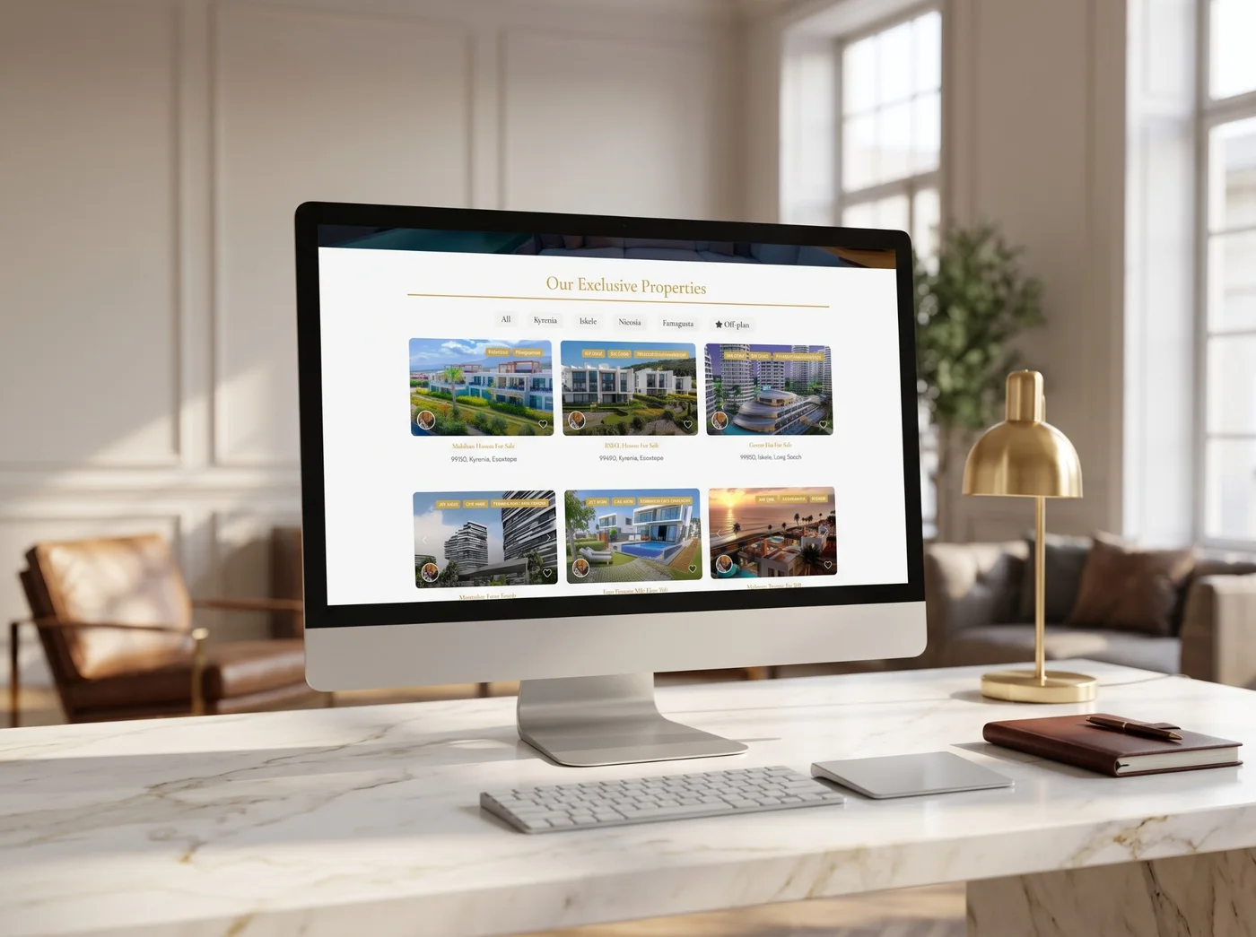 Luxury Life Property website — exclusive property listings with city filters on a desktop monitor
