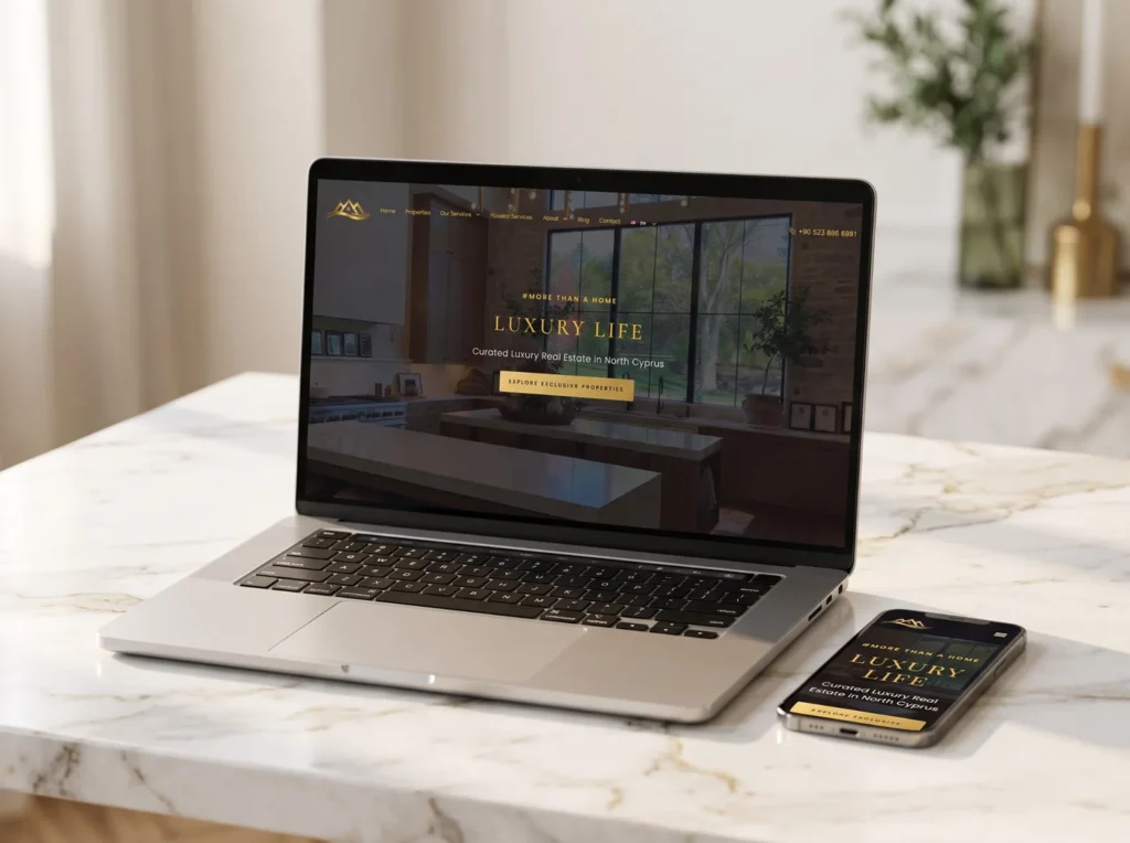 Web design by Ehsan Abedi: the four-language Luxury Life Property WordPress website on a laptop and a smartphone
