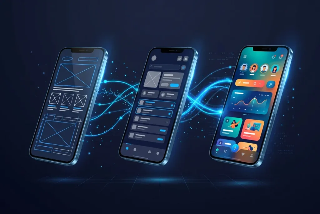 Mobile app wireframes turning into a finished app design