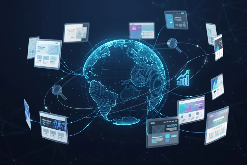 Multilingual WordPress website pages around a globe with SEO growth