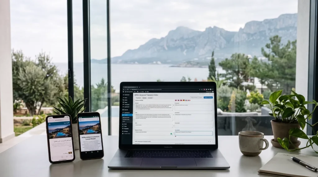 MacBook showing the WPML Advanced Translation Editor in WordPress, next to an iPhone with the right-to-left version of a website and an Android phone with the German version, in a villa overlooking the sea and mountains of Kyrenia, North Cyprus