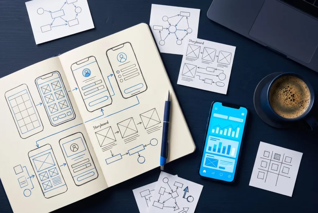 Notebook with mobile app sketches, wireframes and a checklist