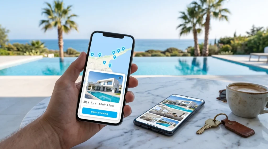 Hand holding an iPhone with a real estate app showing a map of the North Cyprus coast with property pins and a sea-view villa card with a Book a viewing button, next to an Android phone with the property gallery, a house key and coffee on a marble table by an infinity pool