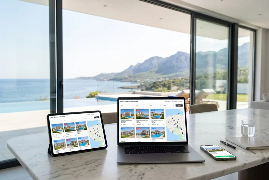 Laptop, tablet and phone showing a real estate website with villa listings, search filters, a property map and a WhatsApp button, in a villa overlooking the sea in North Cyprus