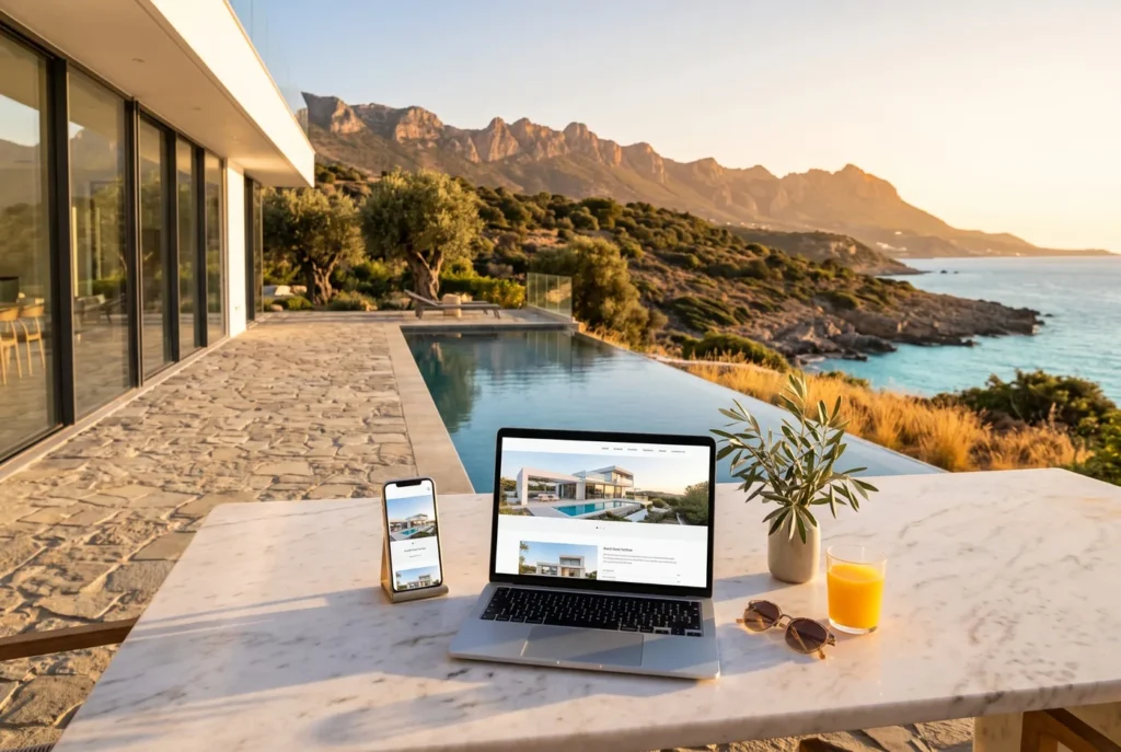 Laptop and phone showing a real estate website on the terrace of a luxury villa with an infinity pool, overlooking the Beşparmak mountains and the coast of North Cyprus