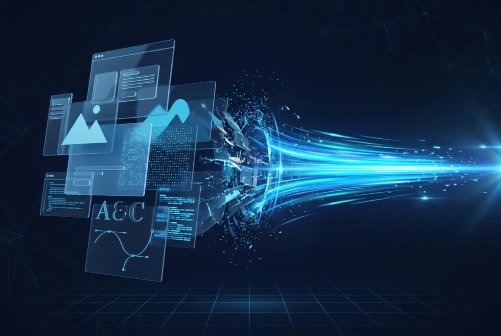 Website files being optimized into a fast stream of light