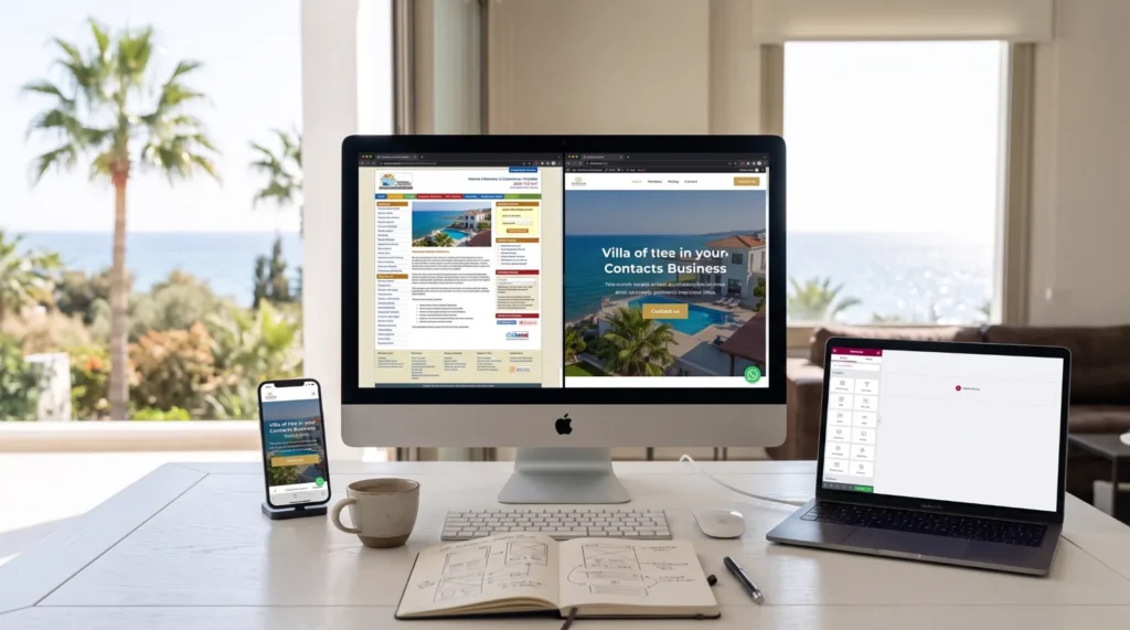 iMac comparing an old, cluttered business website with a clean redesigned WordPress website, next to a MacBook with the Elementor editor and an iPhone showing the new mobile version, in a villa office in North Cyprus